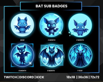 Blue Bat Sub Badges for Twitch, Discord & Kick | Gothic Stream Emotes | 6 Tier Loyalty Bit Badges