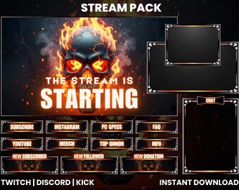Flaming Skull Stream Pack | Fire Twitch Overlay | Inferno Stream Package | OBS & Streamlabs Kit