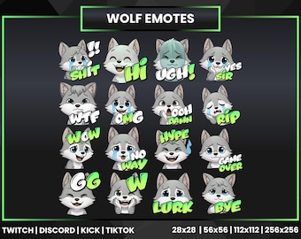 May include: A collection of wolf emotes with various expressions and text overlays like "SHIT", "Hi", "UGH!", and "YES SIR". The emotes are designed for platforms like Twitch, Discord, Kick, and TikTok. Sizes include 28x28, 56x56, 112x112, and 256x256.
