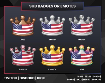 USA Crown Sub Badges Set for Twitch Kick Discord | American Flag Subscriber Badges Emotes