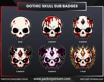 Gothic Skull Sub Badges, Skull Twitch Sub Badges, Dark Gaming Emotes, Halloween Stream Badges, Discord & Kick Streamer Icons