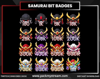 Samurai Bit Badges Twitch | Japanese Warrior Stream Badges | Gaming Cheer Emotes | Kick Discord