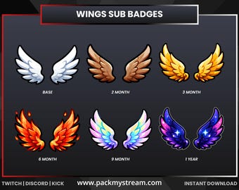 Wings Sub Badges for Twitch Kick Discord, Angel Wings Gaming Emotes, Fantasy Streamer Subscriber Icons