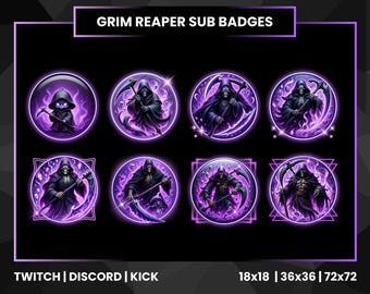 Grim Reaper Sub Badges for Twitch, Kick & Discord | Dark Gothic Stream Emotes | 7 Skull Reaper Loyalty Badges