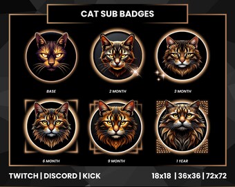 Insignias de suscripción de gato realistas para Twitch, Discord y Kick / Emotes de transmisión felinos / Insignias de fidelidad de mascota de 6 niveles