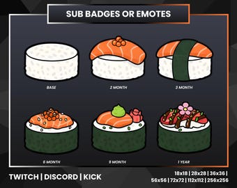 Sushi Sub Badges for Twitch, Kick & Discord | Cute Sushi Roll Stream Badges | Japanese Food Subscriber Badges | Kawaii Stream Icons