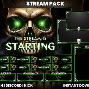 Può includere: Un pacchetto di streaming digitale a tema teschio. La grafica principale presenta un teschio dettagliato con occhi verde brillante e il testo "THE STREAM IS STARTING". Include vari elementi di sovrapposizione, pulsanti e una chat box, il tutto con una combinazione di colori verde e nero.