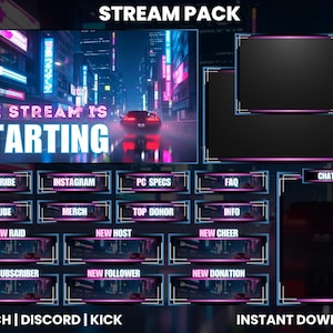 Puede incluir: Un paquete de transmisión digital con un fondo de ciudad futurista. El paquete incluye varios elementos de superposición como los botones "Suscribirse", "Instagram", "PC Specs" y "Chat", todos con una combinación de colores azul neón y rosa. El texto "The Stream Is Starting" se muestra de forma destacada.