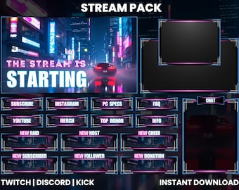 Cyberpunk Stream Overlay Pack | Neon City Twitch Screens, Panels, Alerts and Webcam for OBS & Streamlabs