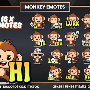 Könnte beinhalten: Eine Sammlung von 16 Affen-Emotes mit verschiedenen Ausdrücken und Textblasen, darunter "Hi", "Bye", "Thank You" und "You Died!". Die Emotes sind für Twitch, Discord, Kick und TikTok konzipiert, mit verschiedenen Größenoptionen.