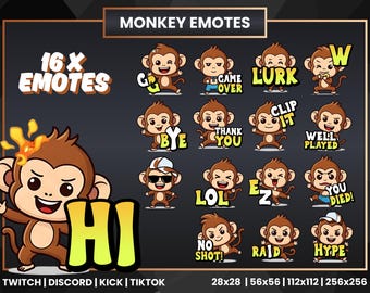 Monkey Emotes 16x for Twitch, Discord, Kick & TikTok | Funny Monkey Streamer Emotes PNG (28–256px)