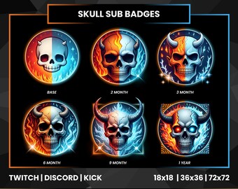 Fire and Ice Skull Sub Badges for Twitch, Kick & Discord | Gothic Split Skull Stream Emotes | 6 Demon Loyalty Badges