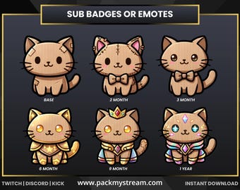 Cat Sub Badges for Twitch Kick Discord, Cute Cat Emotes, Kitty Subscriber Icons, Kawaii Gaming Streamer Badges