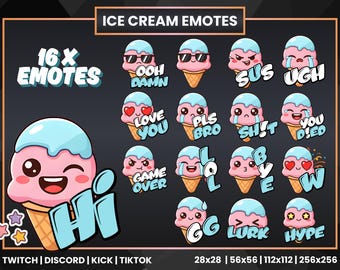 Ice Cream Twitch Emotes Pack | 16 Cute Kawaii Pastel Emotes for Streamers | Kick Discord YouTube Emoji | LOL Love U Hype GG Stream Pack