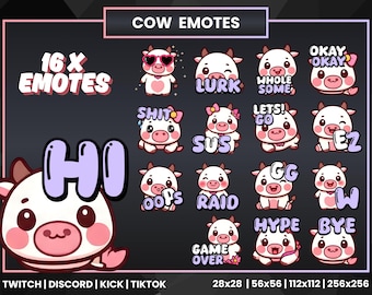 Cute Cow Twitch Emotes Pack | 16x Kawaii Cow Emotes for Streamers | Kick, Discord, TikTok & OBS Chat Emotes | Pastel Streaming Emotes