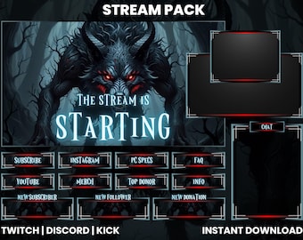 Paquete de transmisión de Halloween de hombre lobo / Superposición de Twitch aterradora, pantallas y paneles de transmisión animados / Diseño de transmisión de terror gótico para Kick y YouTube