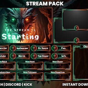 May include: A digital stream pack with a dragon theme. The main graphic features a dragon head with green and orange eyes. Includes overlay elements for Twitch, Discord, and Kick, with buttons for various functions. Text reads "The Stream Is Starting".