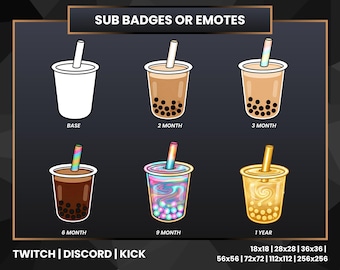 Insignias de suscripción de té de burbujas para Twitch, Discord y Kick / Emotes de transmisión de té de burbujas / Insignias de fidelidad de 6 niveles