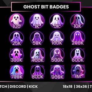 Könnte beinhalten: Eine Sammlung von Geister-Bit-Abzeichen für Twitch, Discord und Kick. Jedes Abzeichen zeigt ein anderes Geisterdesign mit unterschiedlichen Ausdrücken und Punktwerten, von 100 bis 1M. Die Abzeichen sind vor einem schwarzen Hintergrund mit einem violetten Glühen.