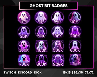 16 Ghost Bit Badges with Values for Twitch, Kick & Discord | Cute Spooky Purple Streamer Loyalty Badges | 100 to 1M Bits
