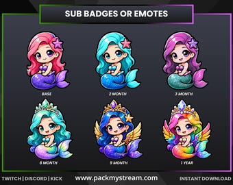 Mermaid Sub Badges for Twitch & Kick, Cute Mermaid Emotes, Stream Subscriber Badges, Discord Bit Badges, Fantasy Gaming Graphics