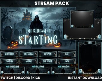 Paquete de transmisiones de cementerio / Superposición de transmisiones góticas para Twitch, Kick, YouTube / Paneles y pantallas de transmisión con estética oscura