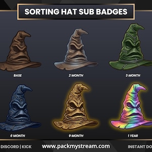 Sorting Hat Sub Badges for Twitch, Discord & Kick | Wizard Magic Subscriber Badges | Fantasy Streamer Badge Set
