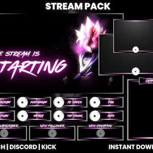 May include: A black and purple stream pack design with the text "STREAM PACK" at the top. The design includes a graphic of a character, and the words "THE STREAM IS STARTING". There are also buttons for various social media platforms.