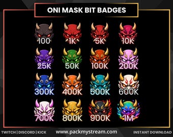 Oni Mask Bit Badges for Twitch, Demon Emotes, Stream Cheer Badges, Kick Emotes, Discord Gaming Icons, Subscriber Badges