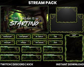 May include: A digital stream pack with a nature theme. The main graphic says "The Stream is Starting". Includes overlay frames and buttons for Twitch, Discord, and Kick. Buttons include Subscribe, Instagram, PC Specs, and more. Instant download.