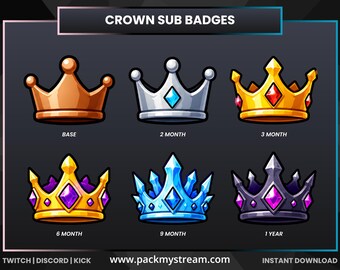 Crown Sub Badges, Royal Twitch Sub Badges, Crown Stream Emotes, Gaming Subscriber Badges, Discord & Kick Streamer Icons