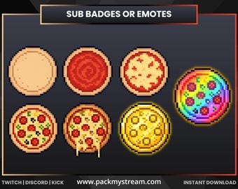 Pixel Pizza Sub Badges for Twitch, Pizza Emotes, Retro Food Badges, Discord Subscriber Icons, Kick Stream Emotes