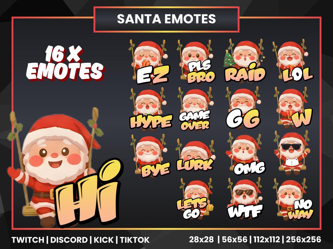 Streamer Santa Cute Santa Emotes Pack for Twitch, Discord & Streaming | 16 Christmas ...
