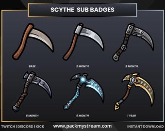Scythe Sub Badges for Twitch Kick Discord, Grim Reaper Gaming Emotes, Dark Fantasy Streamer Subscriber Icons
