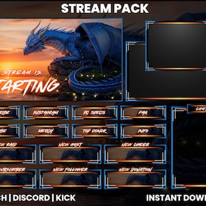 Op de afbeelding: Een digitaal stream pack met een blauwe drakenillustratie. Het pack bevat overlay-elementen zoals chatboxen en knoppen voor abonneren en sociale media. De tekst "THE STREAM IS STARTING" wordt weergegeven.