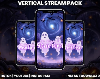 Cute Ghost Halloween Vertical Stream Pack • Adorable Spooky Starting Soon Screens • TikTok YouTube Instagram Overlays • Pastel Ghost Theme
