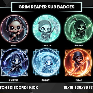 May include: Set of six Grim Reaper sub badges for Twitch, Discord, and Kick. Each badge features a cartoon Grim Reaper with a scythe, in various colors and designs. The badges are round and framed, with text indicating the subscription duration.