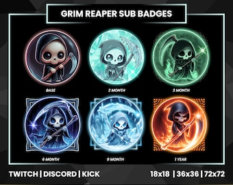 Grim Reaper Sub Badges Twitch Discord Kick | Cute Chibi Death Reaper Subscriber Badge Set | 6 Month Progression Ice Frost Style