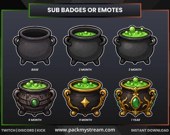 Cauldron Sub Badges for Twitch Kick Discord, Witchy Potion Emotes, Magic Gaming Subscriber Icons, Fantasy Streamer