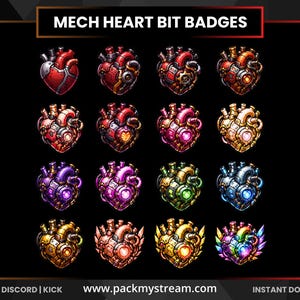 Pode incluir: Uma coleção de dezasseis emblemas digitais intitulados MECH HEART BIT BADGES, apresentando corações mecânicos estilizados em várias cores, incluindo vermelho, ouro, rosa, roxo, verde, azul e arco-íris, com texturas metálicas.