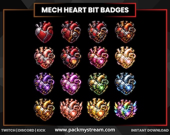 16 Mech Heart Bit Badges for Twitch, Kick & Discord | Cyberpunk Robot Gamer Streamer Badges | Futuristic Loyalty Icons