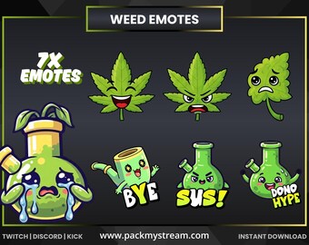 Weed Emotes Static for Twitch, Discord & Kick | Cute Cannabis Emote Pack | Stoner Stream Emotes | 7x Animated Style Emotes