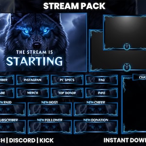 May include: A digital stream pack with a wolf illustration and the text "THE STREAM IS STARTING." The pack includes overlay screens and buttons for Twitch, Discord, and Kick. The design features a dark blue color scheme with lightning accents.