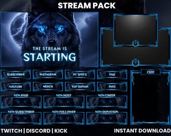 Blue Neon Wolf Stream Overlay Pack | Twitch, OBS, Streamlabs