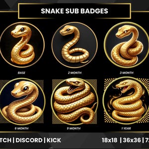 Peut inclure: Ensemble de six badges de serpent dorés, chacun dans un cercle noir avec une bordure dorée. Les badges sont étiquetés "BASE", "2 MOIS", "3 MOIS", "6 MOIS", "9 MOIS" et "1 AN". Le texte "SNAKE SUB BADGES" est en haut.