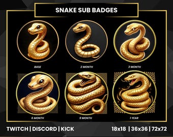 Insignias de suscripción de Snake para Twitch Discord Kick / Insignias de suscriptor de Snake Gold / Emotes de transmisión e insignias de bit