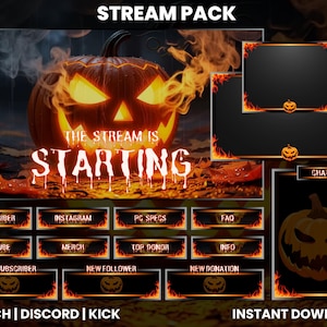 May include: A Halloween-themed stream pack with a glowing jack-o'-lantern and fiery accents. The pack includes overlays for chat, subscriber alerts, and other stream elements. Text includes "The Stream is Starting" and "Instant Download".