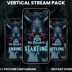 Puede incluir: Diseño de paquete de transmisión vertical con tres teléfonos inteligentes que muestran una ilustración de lobo. El lobo tiene ojos rojos y una combinación de colores gris oscuro y azul. El texto en los teléfonos dice "The Stream Is Ending", "The Stream Is Starting" y "Currently Offline".