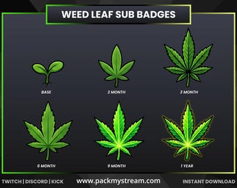 Weed Leaf Sub Badges for Twitch, Discord & Kick | Cannabis Twitch Subscriber Badges | 420 Streamer Badge Set