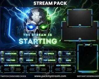 Cyber Skull Stream Overlay Pack – Neon Gaming OBS Alerts, Panels, Webcam Chat Box